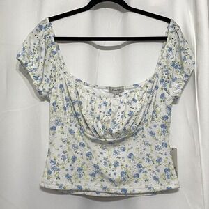 Faded Rose Floral Eyelet Puff Sleeve Womens Crop Top L Coquette Cottagecore NWT